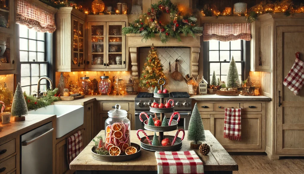 rustic christmas ornaments in a farmhouse kitchen