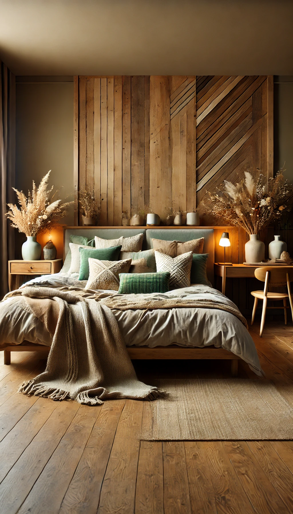 A stylish bedroom with earthy tones featuring a large bed with multiple pillows and blankets on it