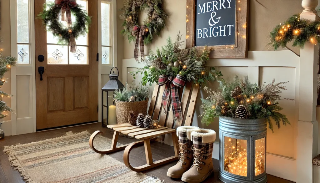 rustic christmas ornaments in an entryway