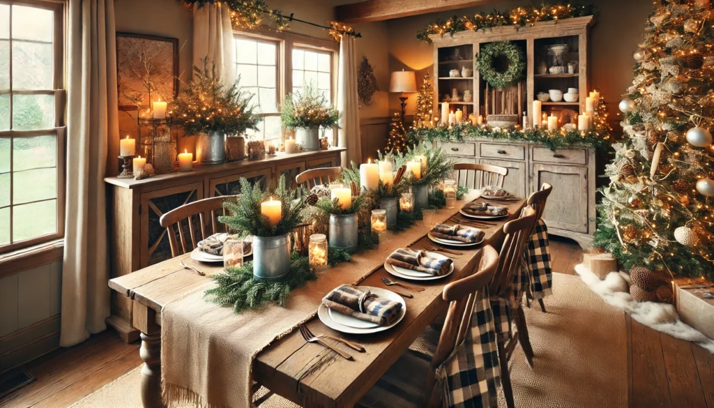 rustic christmas ornaments in a dining room