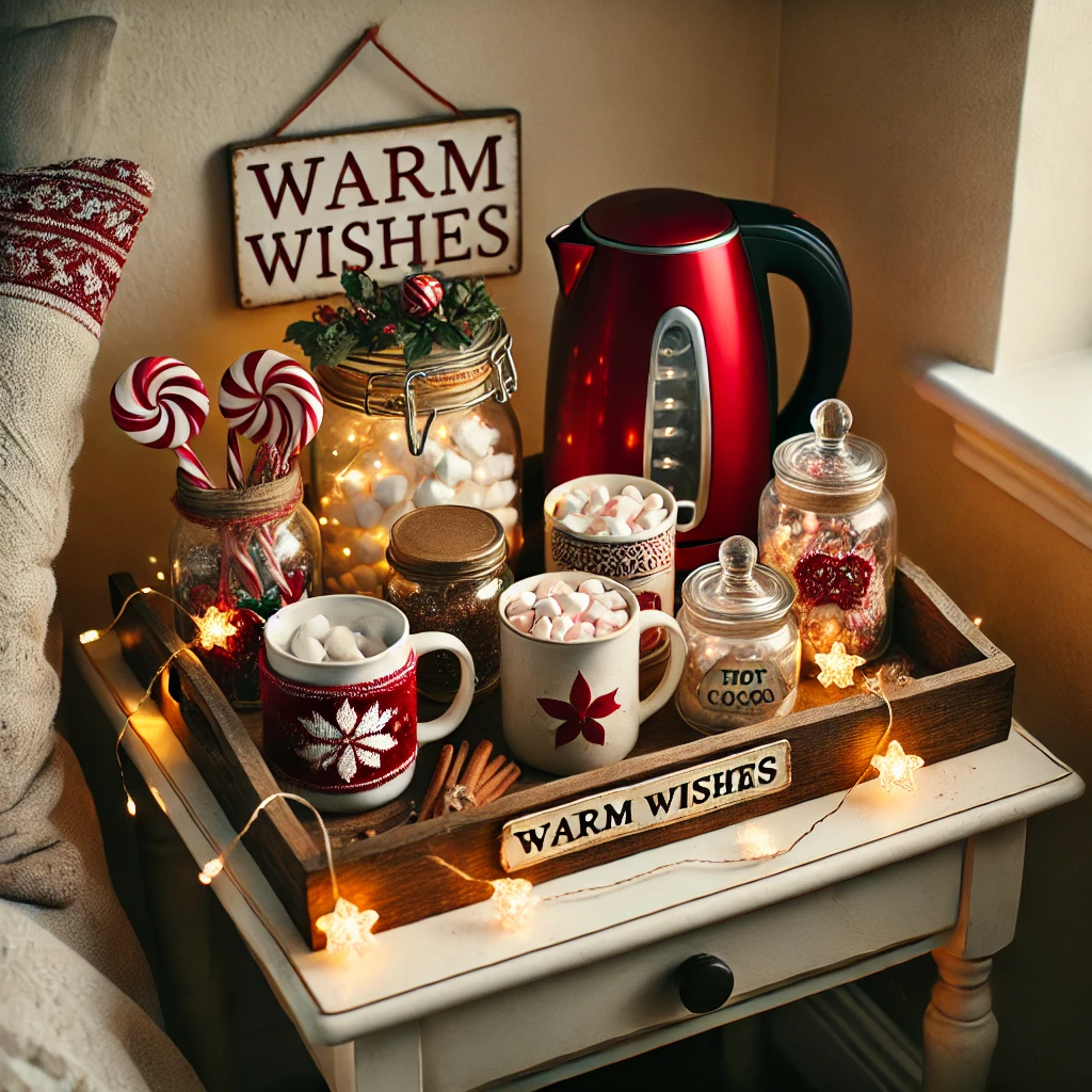 small holiday beverage station set up in the corner of a cozy guest room for the holidays